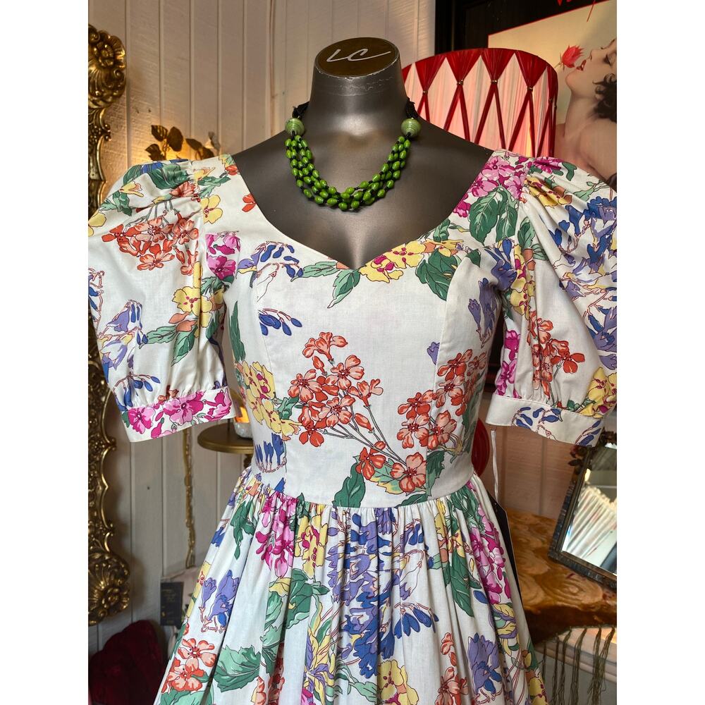 vintage 1980s laura ashley floral cotton dress fit and flare puff sleeves 50s xs - Picture 3 of 11